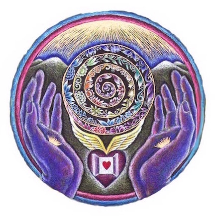 Circular painting of two hands holding a multi colored wheel towards the mountain sky. 